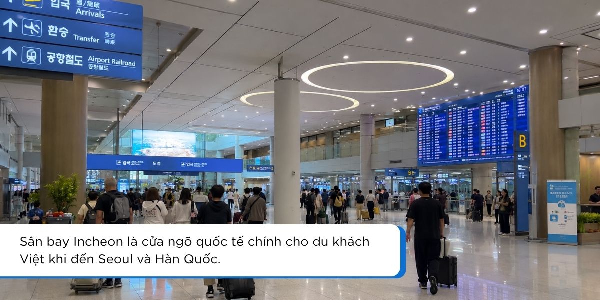 Sân bay Incheon Hàn Quốc với hành khách quốc tế chuẩn bị nhập cảnh và di chuyển về Seoul