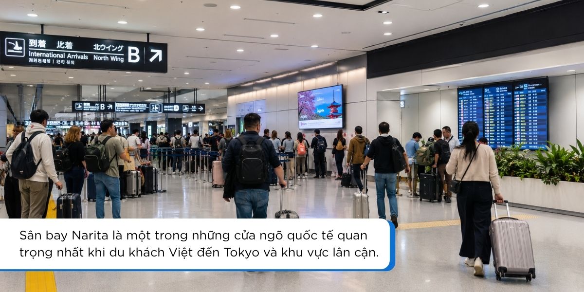 Sân bay Narita Nhật Bản với du khách quốc tế chuẩn bị nhập cảnh và di chuyển về Tokyo