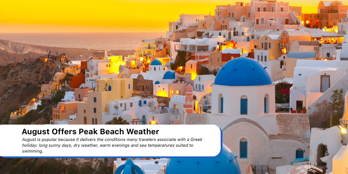 Santorini Greece sunset with blue domes during peak August beach season