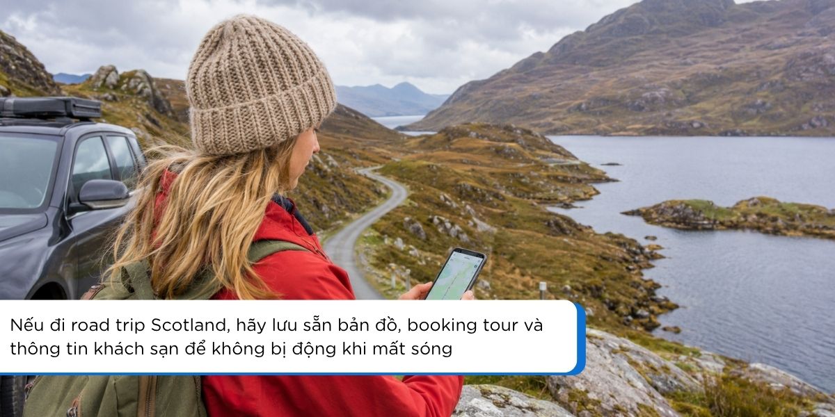 Du khách đi road trip Scotland và sử dụng offline maps khi eSIM mất sóng ở vùng núi hoặc đảo xa