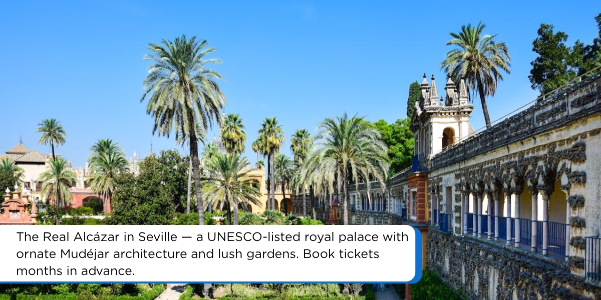 Aerial view of Real Alcázar gardens in Seville, southern Spain – a must-visit on a 7-day itinerary