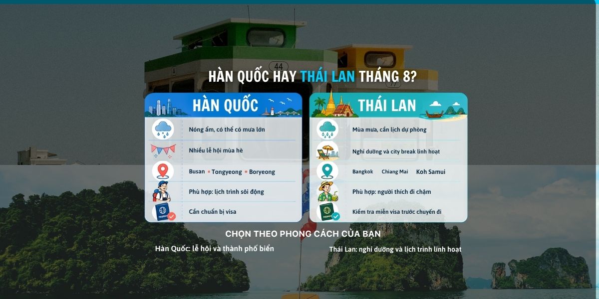 So sánh du lịch Hàn Quốc và Thái Lan tháng 8 về thời tiết và trải nghiệm