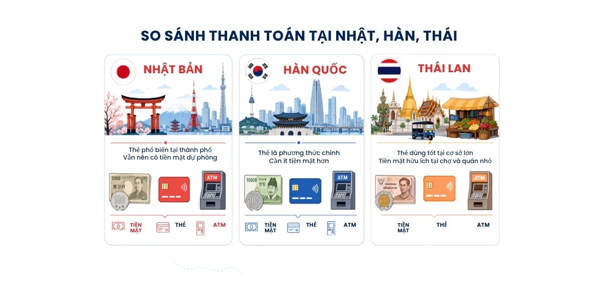 So sánh cách sử dụng tiền mặt, thẻ và ATM tại Nhật Bản, Hàn Quốc và Thái Lan