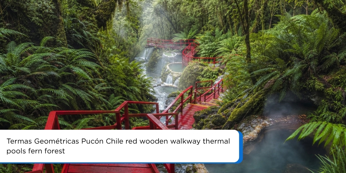 Termas Geométricas Pucón Chile red wooden walkway thermal pools fern forest