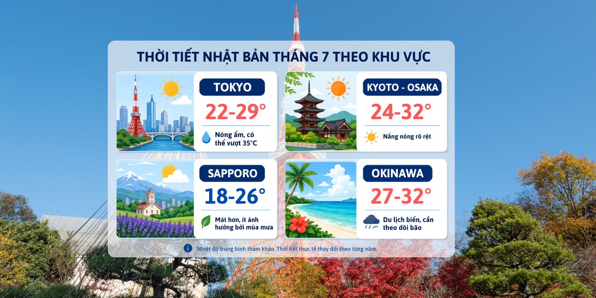 So sánh thời tiết Nhật Bản tháng 7 tại Tokyo, Kyoto, Sapporo và Okinawa