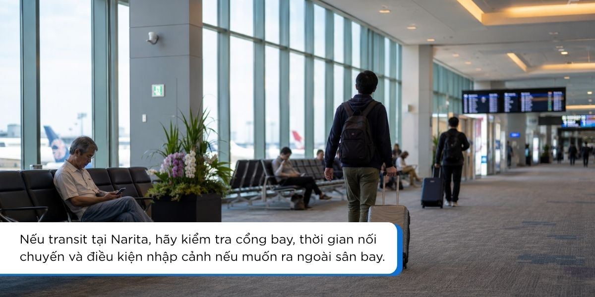 Hành khách transit và nghỉ ngơi tại sân bay Narita trong thời gian chờ chuyến nối