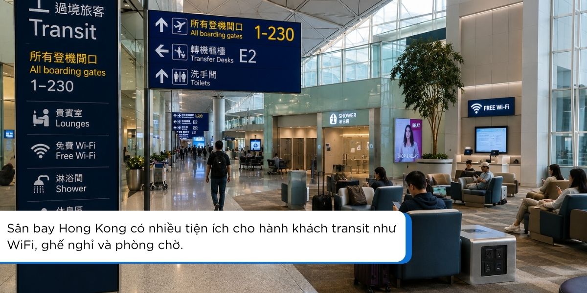 Khu vực transit sân bay Hong Kong cho hành khách quá cảnh