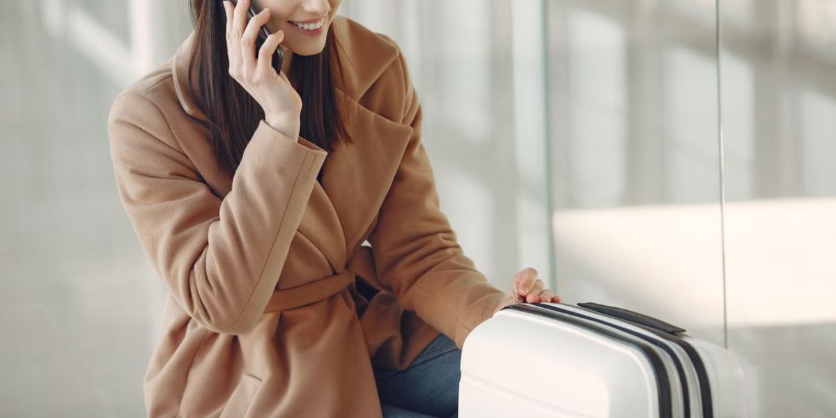 Traveler checking her phone connection at an airport arrivals area