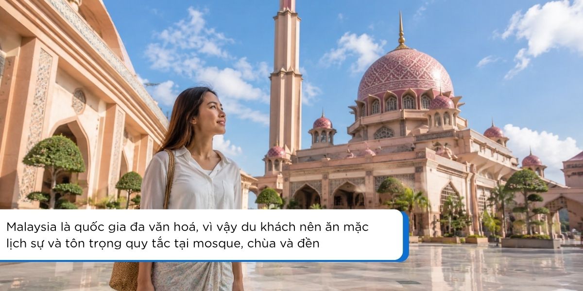 Du khách mặc trang phục lịch sự khi tham quan điểm văn hoá và tôn giáo ở Malaysia