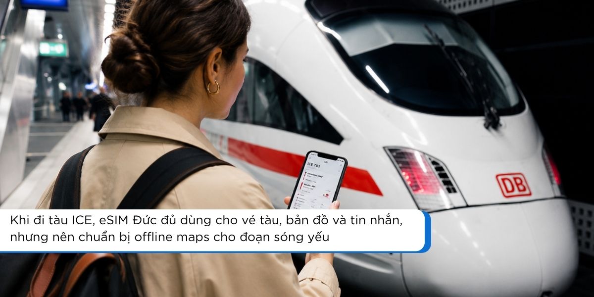 Tàu ICE tại Đức nơi du khách có thể dùng eSIM để kiểm tra vé và lịch trình