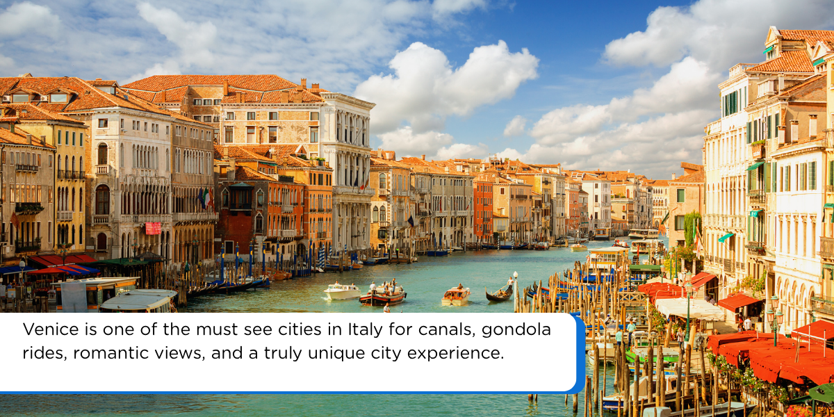Venice Grand Canal with gondolas, historic buildings, and boats in Italy
