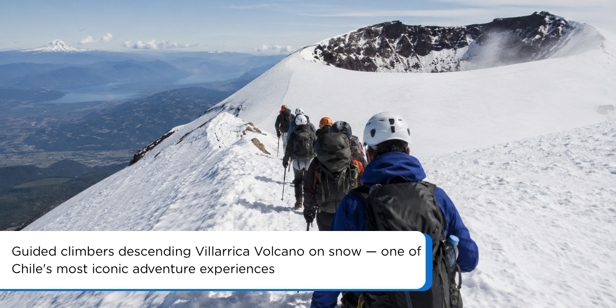Climbers hiking Villarrica Volcano Pucón Chile guided tour summit crater snow