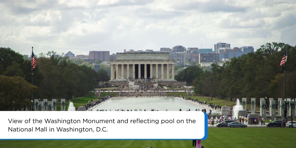 View of the Washington Monument and reflecting pool on the National Mall in Washington, D.C.