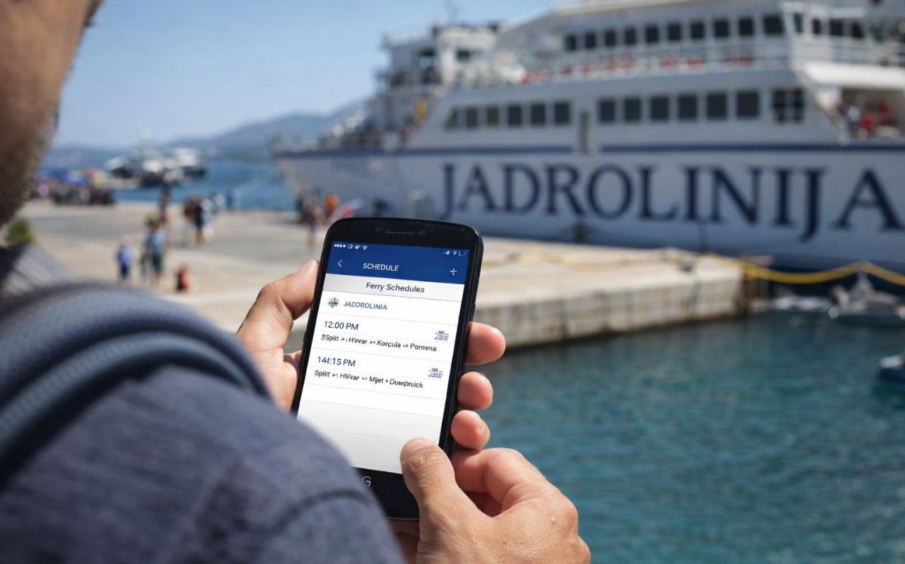 Traveler checking ferry schedule on smartphone at Croatian port