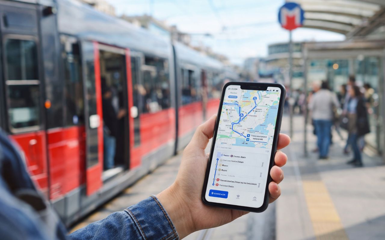 Traveler using smartphone navigation near Istanbul tram station