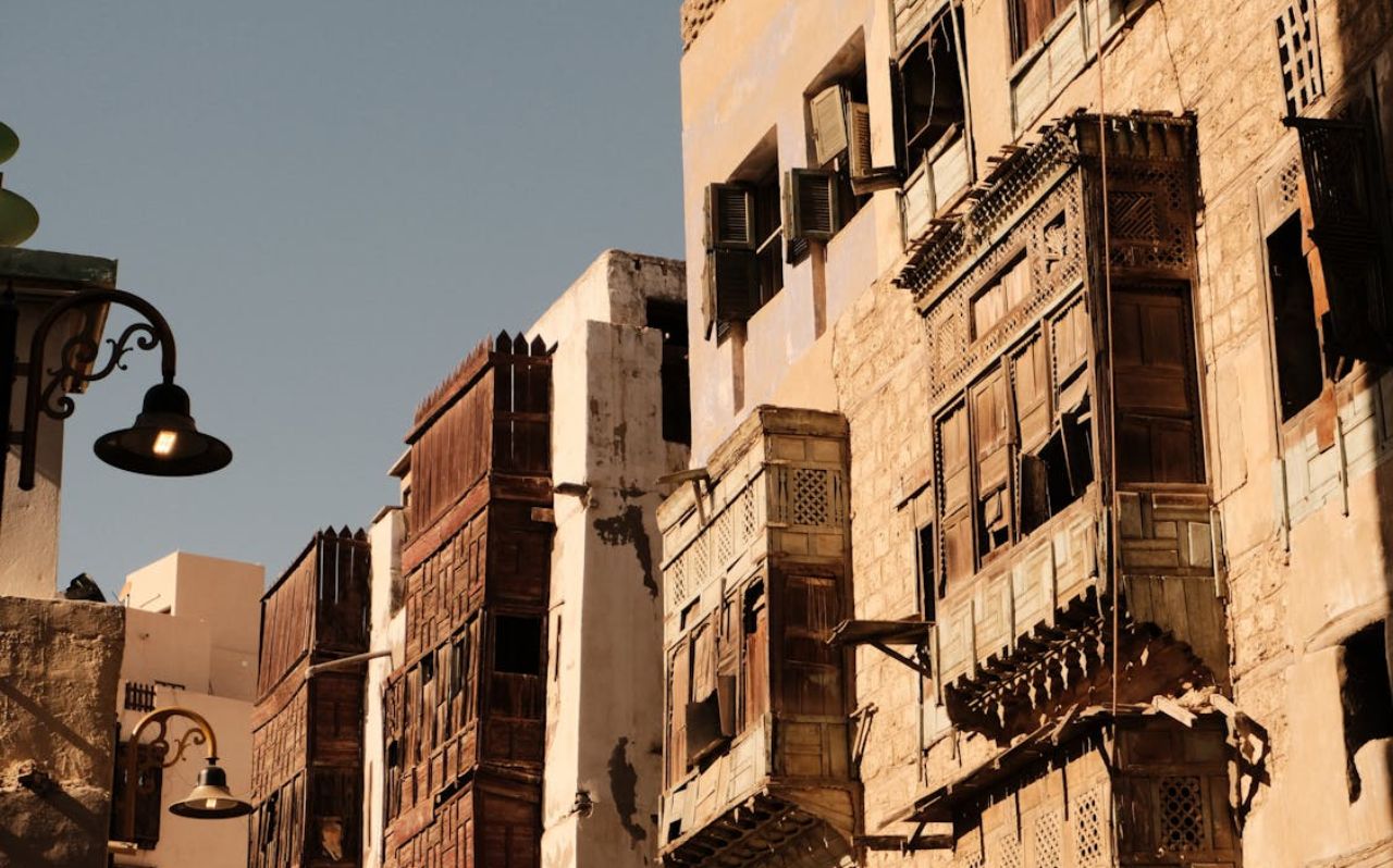 Traditional coral-stone houses with wooden rawashin balconies in Al Balad, Jeddah’s UNESCO World Heritage district