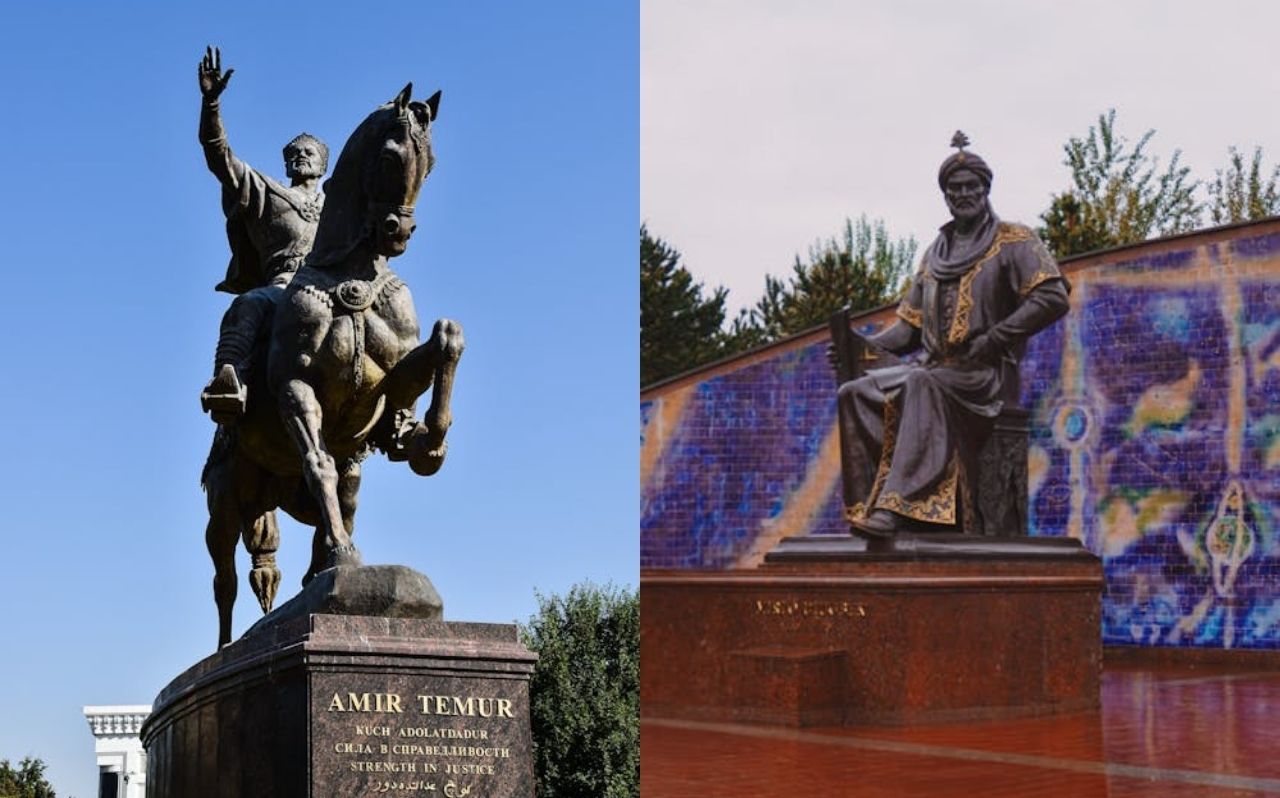 Amir Timur Square in Tashkent with statue and surrounding government buildings