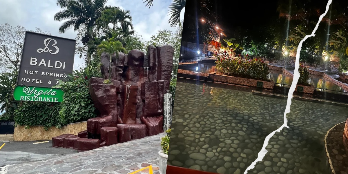 Entrance of Baldi Hot Springs and nighttime thermal pool with tropical lighting in La Fortuna, Costa Rica