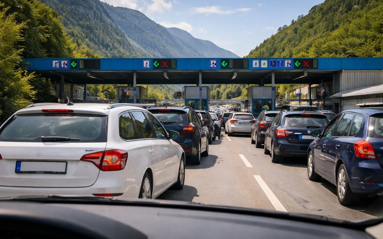 Vehicles waiting at a Balkan border checkpoint during summer travel season