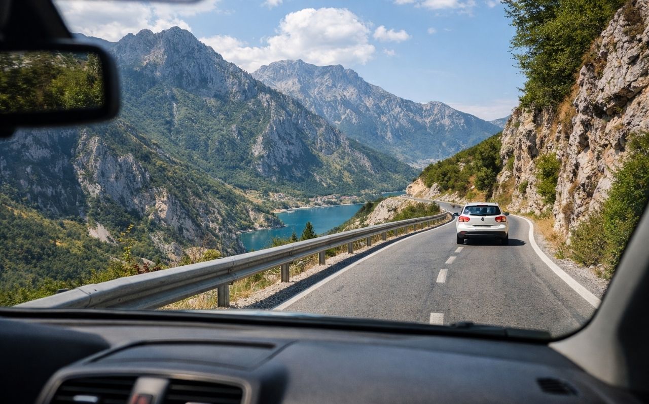 Driving through mountain roads in the Balkans during a multi-country road trip