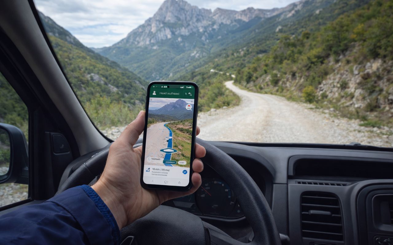 Traveler using smartphone navigation on a rural mountain road in Bosnia