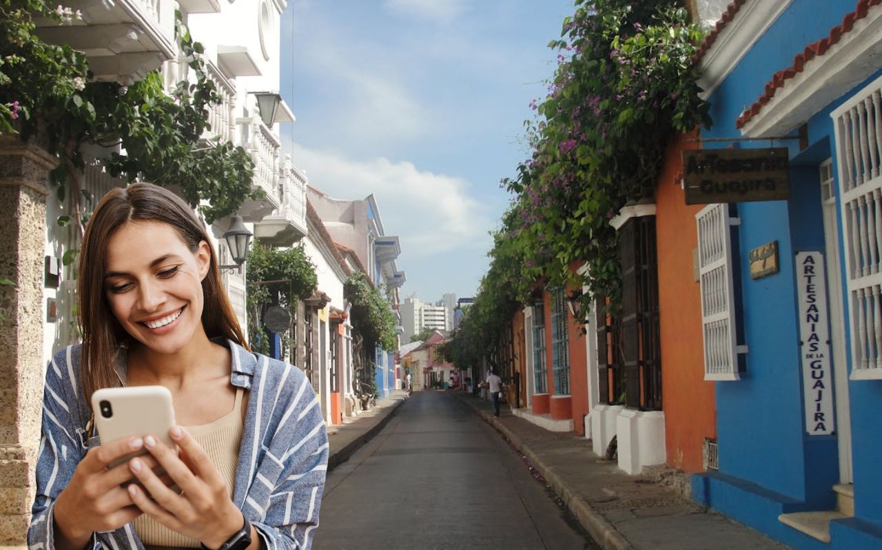 Traveler using smartphone navigation in Cartagena Old Town