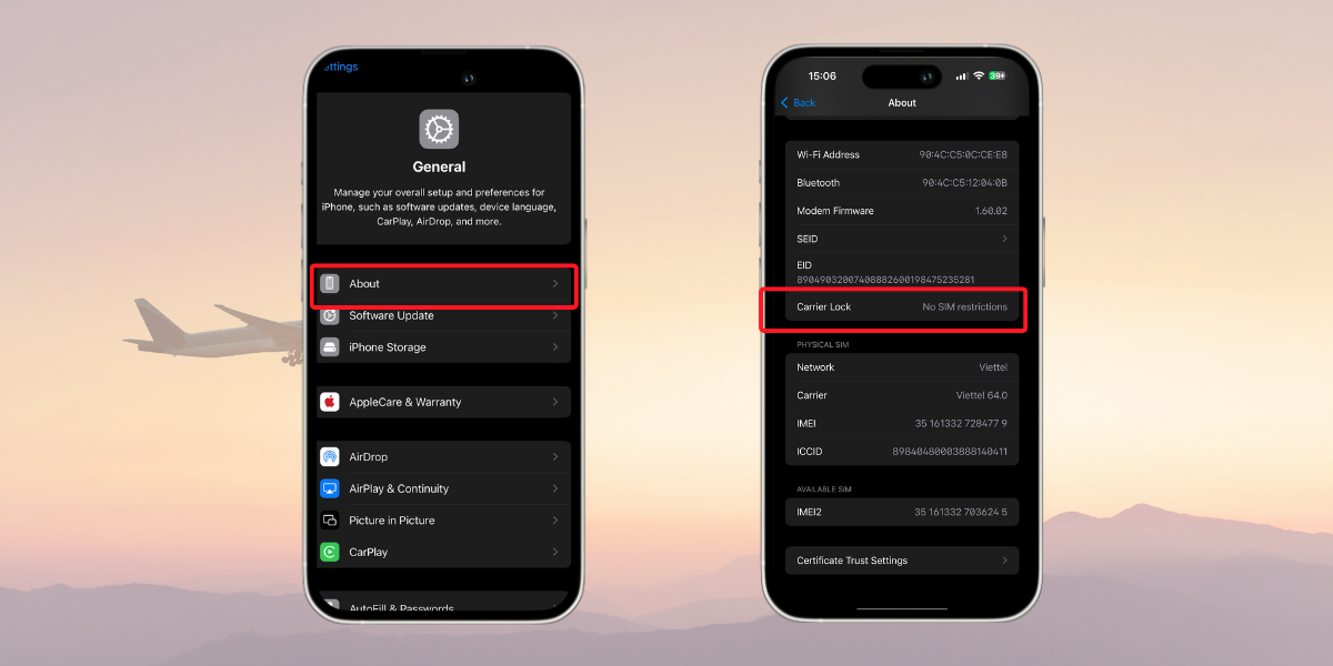 iPhone screens showing how to check for carrier lock status before using an eSIM.  Caption:
