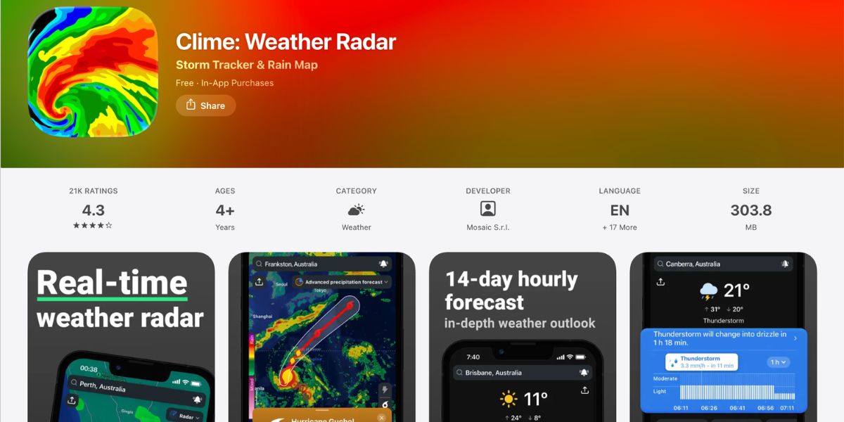 ứng dụng Clime radar theo dõi mưa và bão hiển thị vùng mưa di chuyển theo thời gian thực