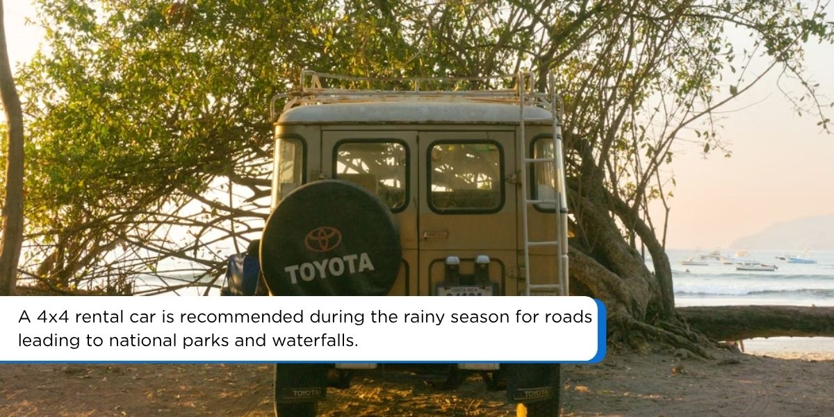 4x4 rental car on an unpaved road in Costa Rica during rainy season