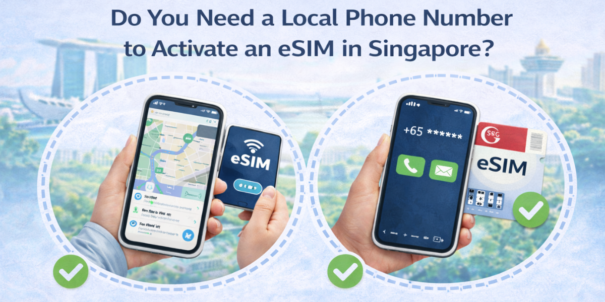 Comparison of data-only eSIM and eSIM with a Singapore phone number, showing how travelers can access mobile data without needing a local number in Singapore.