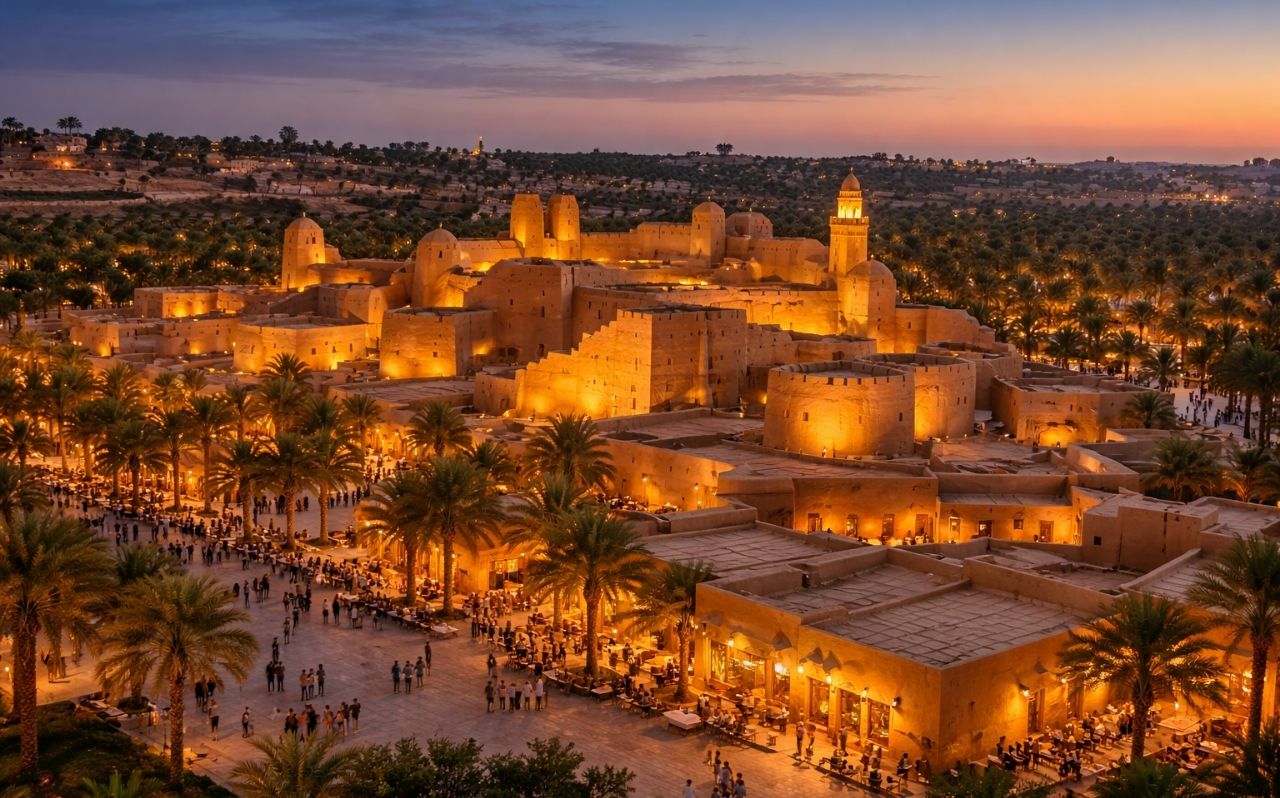 At-Turaif district in Diriyah illuminated at dusk, UNESCO World Heritage Site near Riyadh