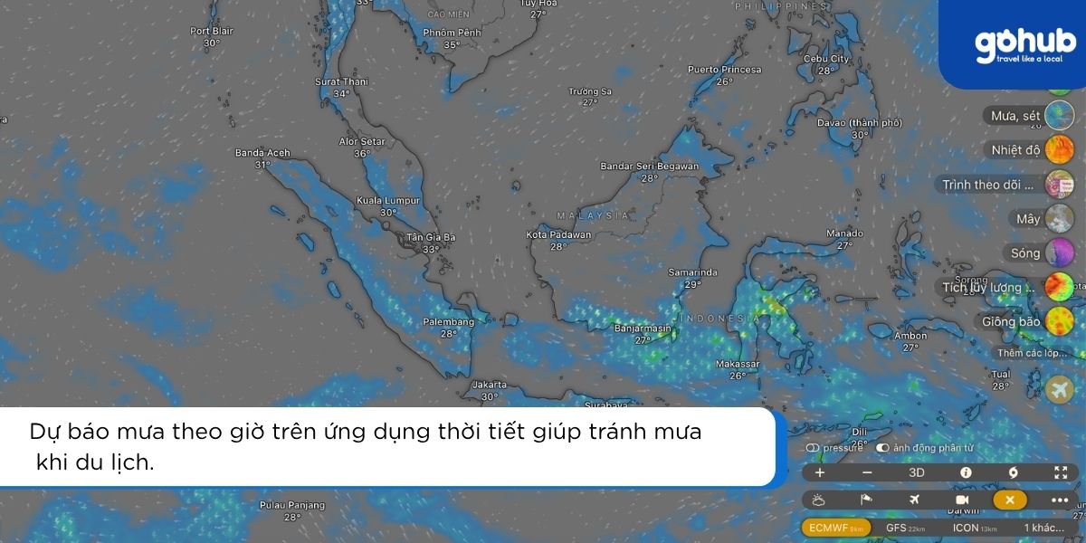 dự báo mưa theo giờ trên ứng dụng thời tiết giúp tránh mưa khi du lịch