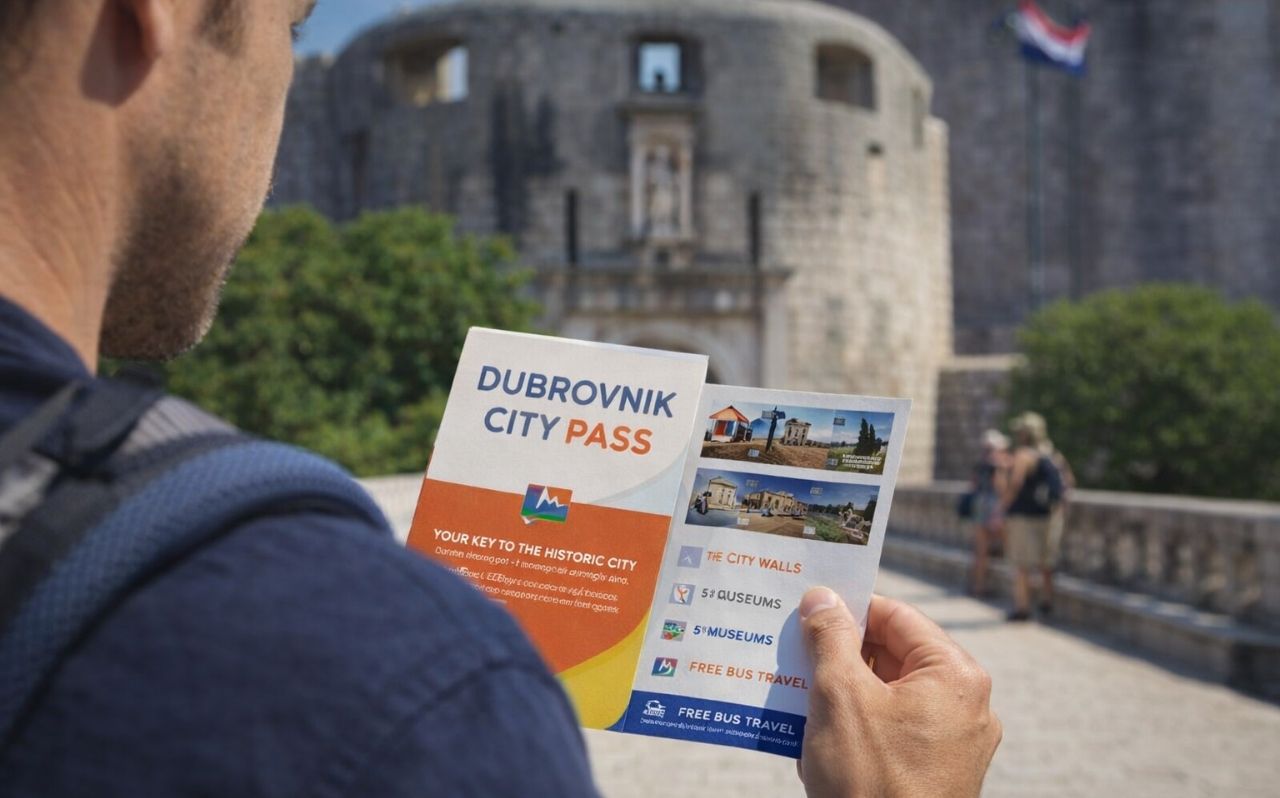 Traveler reviewing Dubrovnik City Pass details near the entrance to the city walls