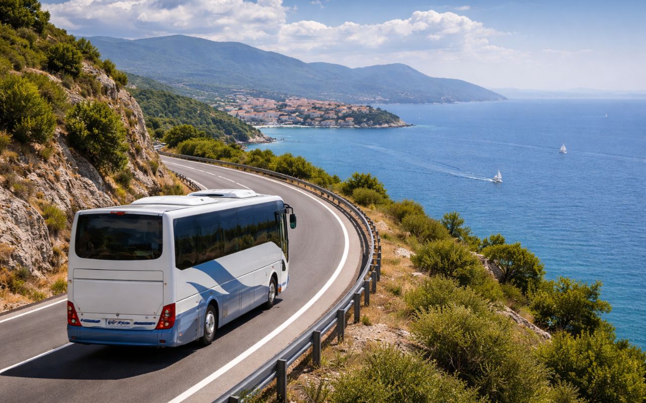 Bus traveling from Dubrovnik to Split along Croatian coast