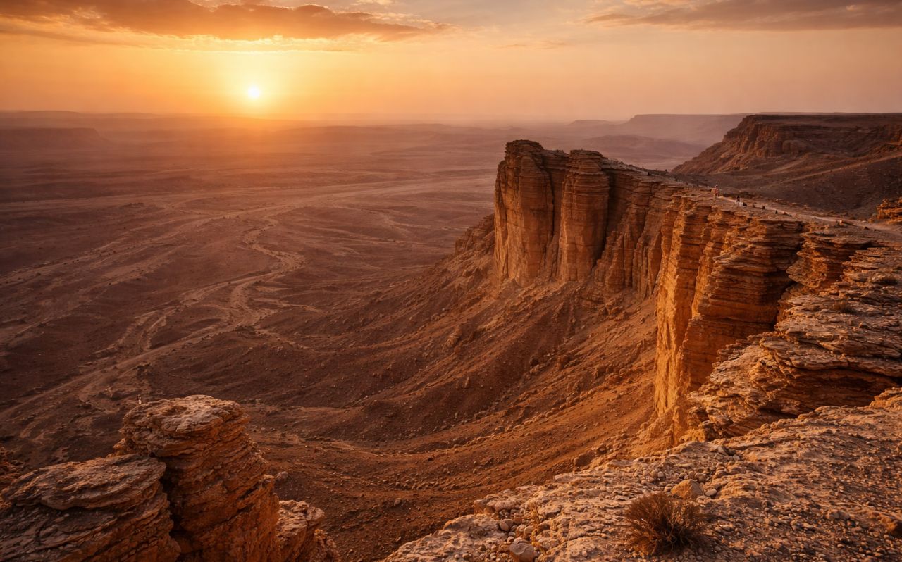 Sunset view over the Edge of the World cliffs near Riyadh, overlooking a vast desert plateau