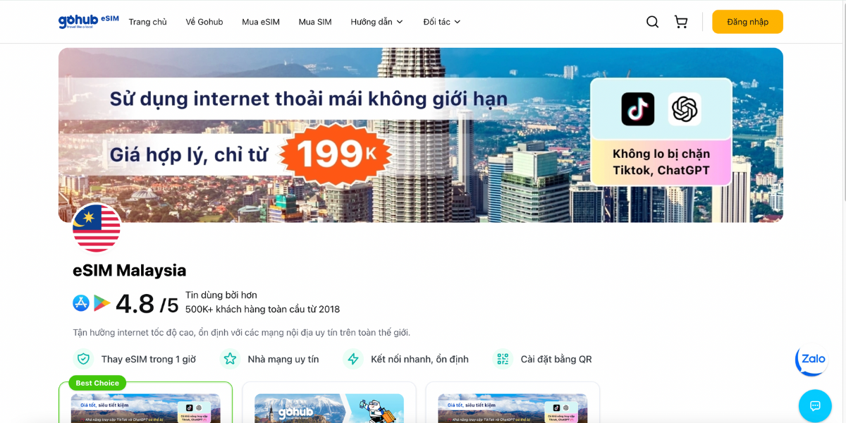 Trang eSIM Malaysia của Gohub, cung cấp internet tốc độ cao, không bị chặn Tiktok hay ChatGPT.