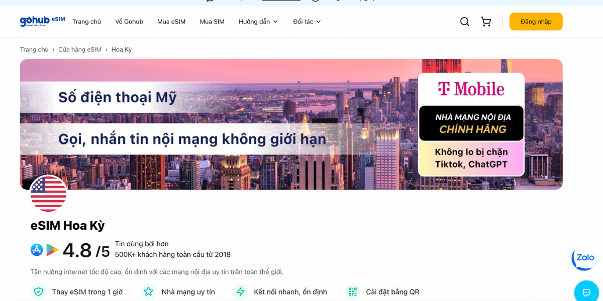 Giao diện giới thiệu eSIM Mỹ với ưu đãi gọi và nhắn tin không giới hạn từ nhà mạng nội địa chính hãng