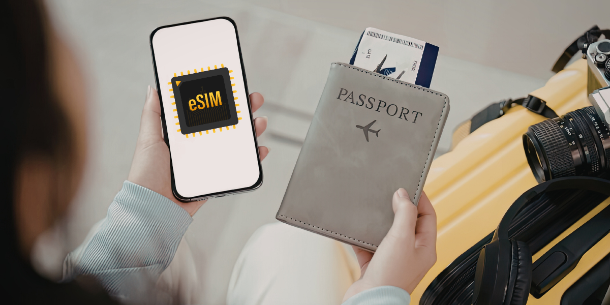 Traveler holding a smartphone with eSIM and a passport, illustrating passport registration requirements for using an eSIM in Singapore.