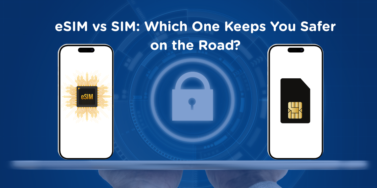 Two smartphones showing eSIM and SIM chip with a security lock icon in between, representing security comparison