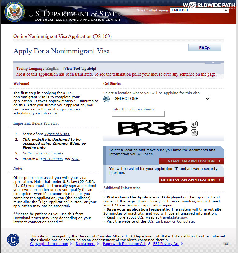 Giao diện mẫu đơn DS-160 đăng ký visa không định cư Mỹ trên trang web chính phủ