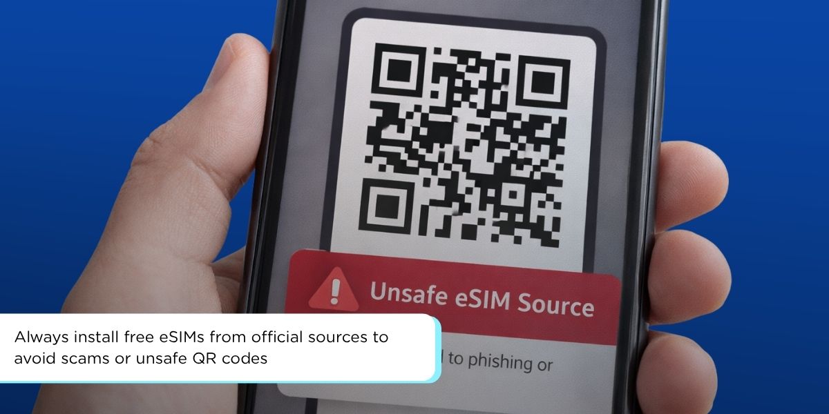 smartphone scanning qr code with security warning for unsafe esim source