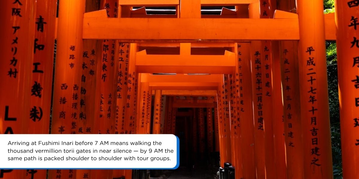 fushimi inari taisha torii gates kyoto early morning sunrise empty path