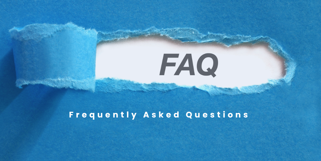 Blue torn paper revealing the word “FAQ” with the subtitle “Frequently Asked Questions”