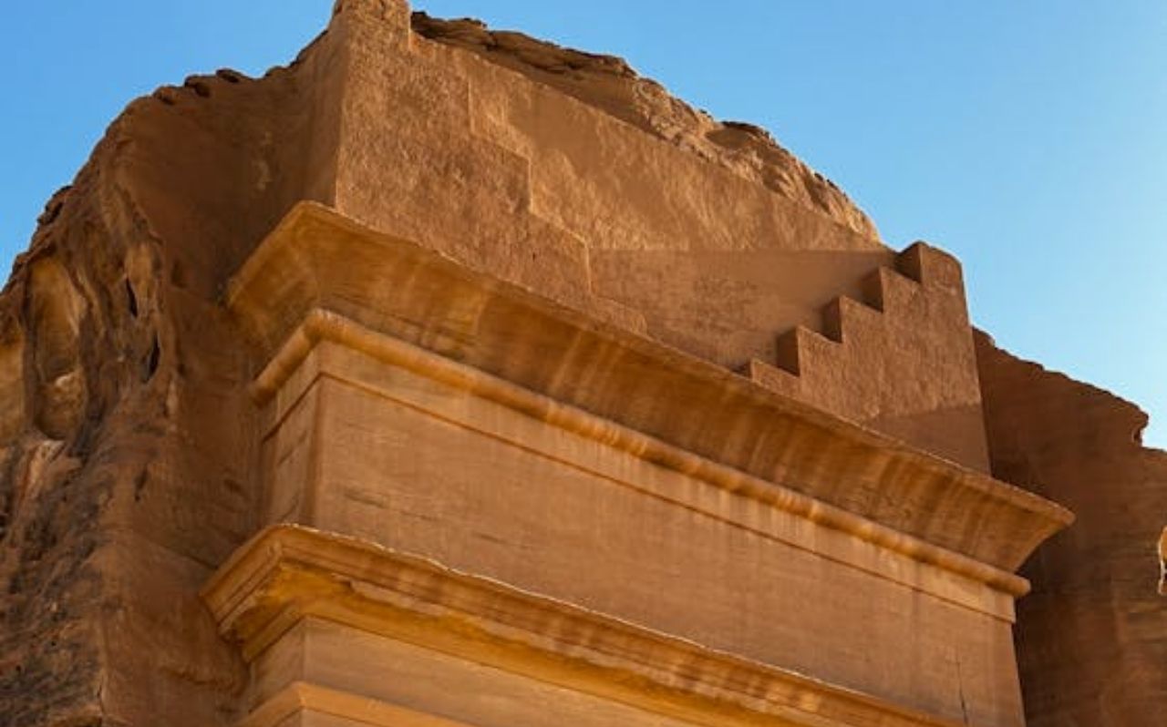 Nabataean tomb carved into sandstone rock at Hegra (Mada’in Salih), UNESCO World Heritage Site in AlUla