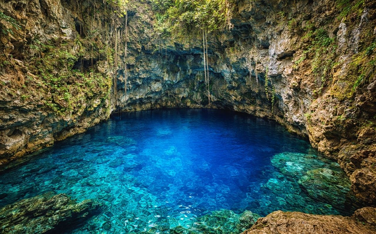 Hoyo Azul cenote with deep blue freshwater lagoon surrounded by limestone cliffs in Punta Cana