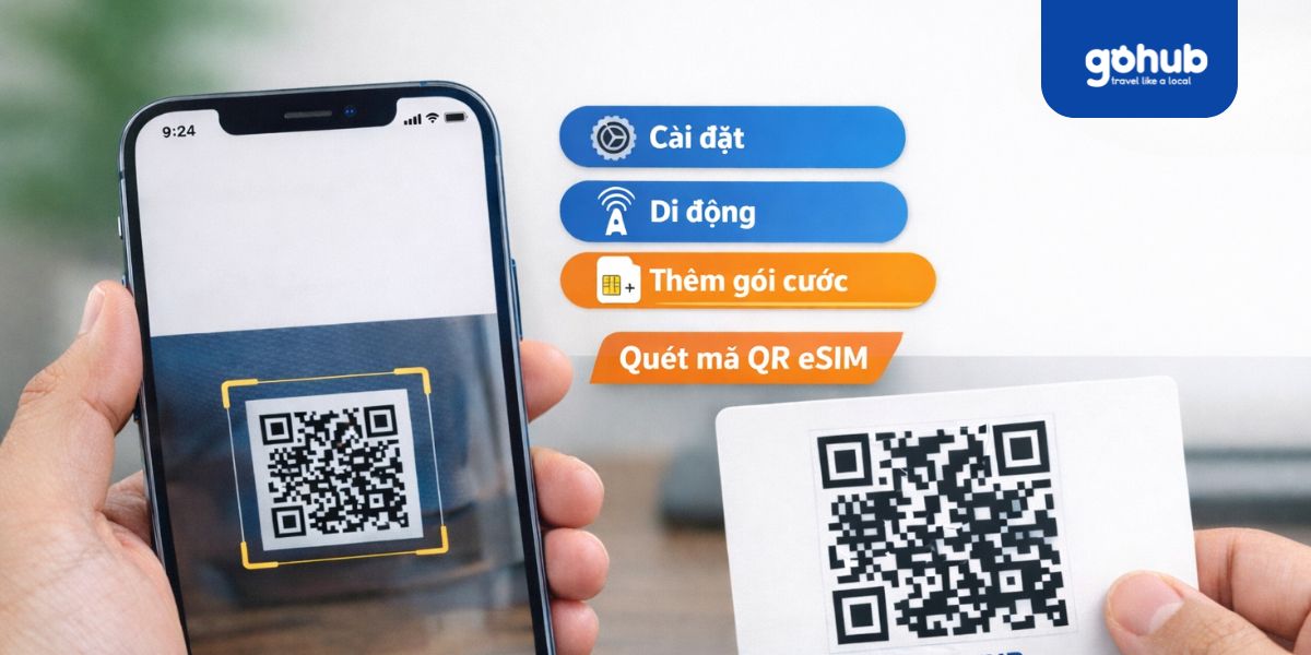Người dùng quét mã QR cài đặt eSIM du lịch trên điện thoại trước khi đi nước ngoài