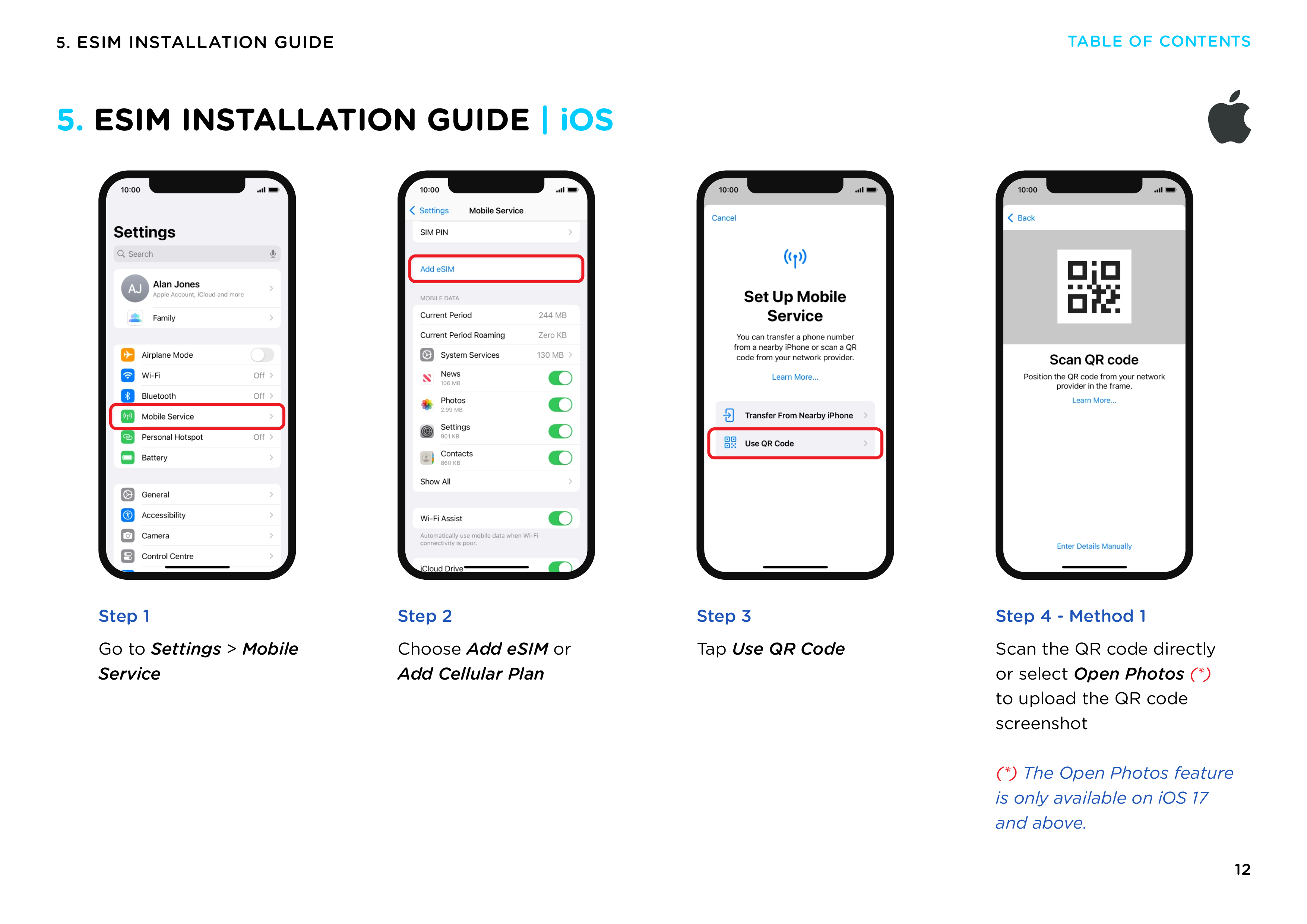 Step-by-step eSIM installation guide for iOS using QR code