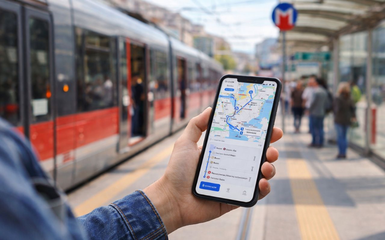 Traveler using smartphone navigation near an Istanbul tram stop
