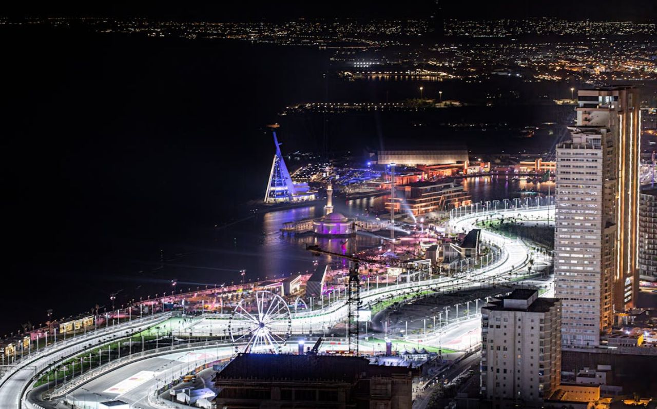 Night view of Jeddah Corniche along the Red Sea with illuminated waterfront promenade