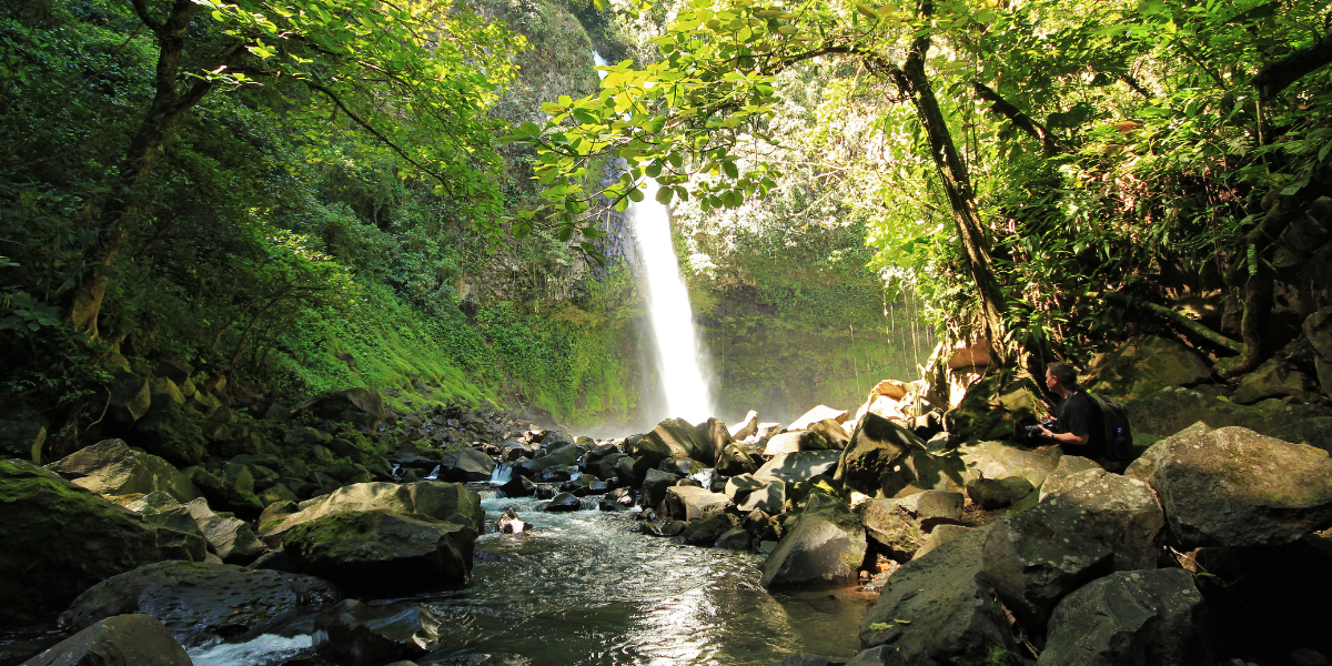 A lush jungle trail leads to La Fortuna Waterfall, where a traveler pauses to soak in the natural beauty — a perfect Costa Rican moment.